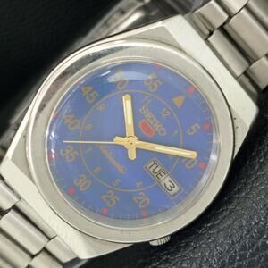 Vintage 1973 Seiko Automatic Mens Silver Watch W/daydate & Blue accents